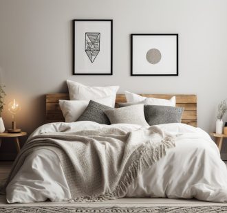 Comfortable modern bedroom with elegant wood headboard generated by artificial intelligence
